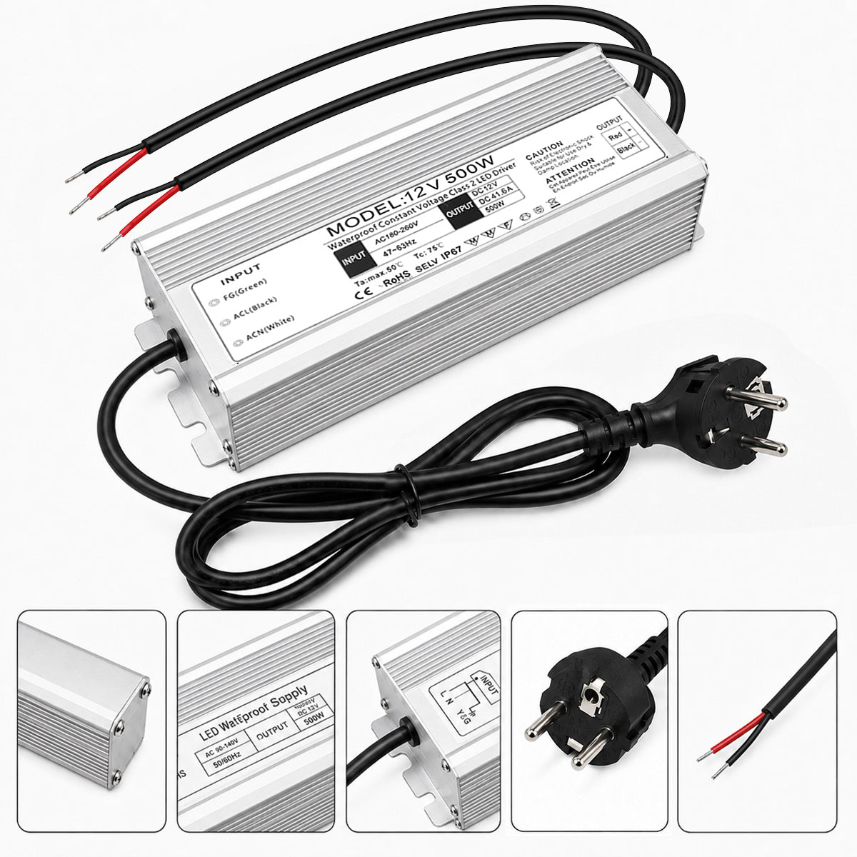 12V Outdoor Waterproof LED Power Supply 200W-500W, 175–265V Input, Single/Dual Wire Output, Aluminum Housing, Landscape & Outdoor Lighting, CE/RoHS/FCC Certified, Waterproof Transformer for Outdoor Lighting, UK/EU Plug