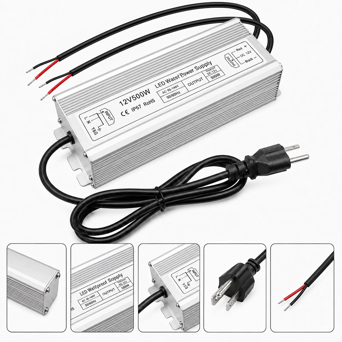 12V Outdoor Waterproof LED Power Supply 200W-500W, 90–140V Input, Single/Dual Wire Output, Aluminum Housing, Landscape & Outdoor Lighting, CE/RoHS/FCC Certified, Waterproof Transformer for Outdoor Lighting, US Plug