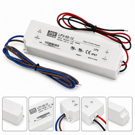 MEANWELL LPV Series 12V/24V Outdoor IP67 Waterproof Switching Power Supply, Plastic Housing, 35W–150W, AC90-264V Input, UL/CE Certified, Landscape Lighting