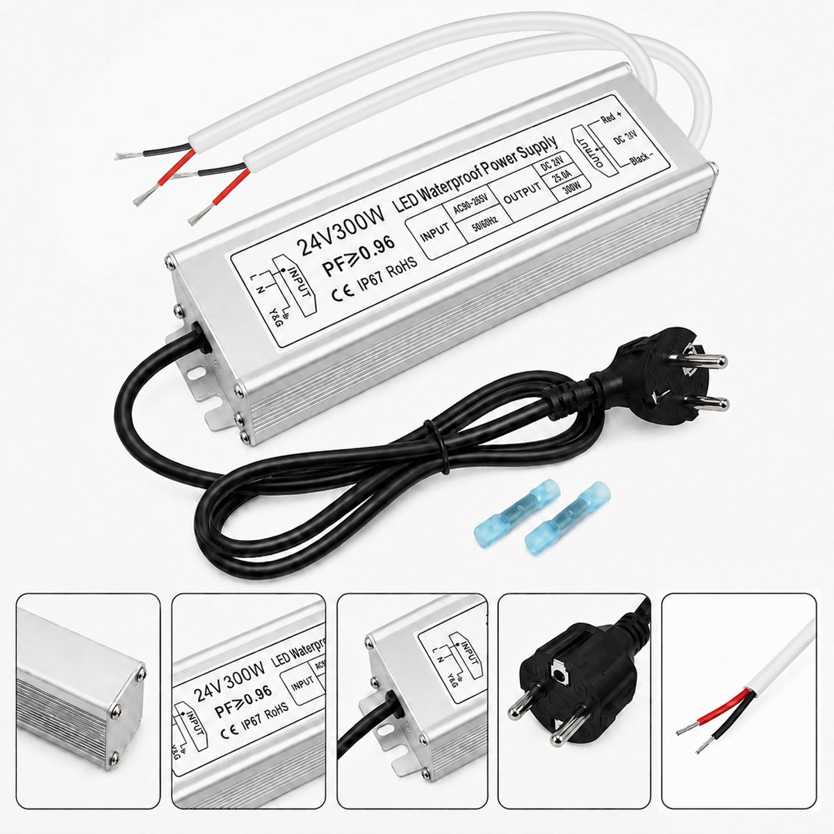 24V Outdoor Waterproof LED Power Supply 120W–300W, 90–265V Input, Single/Dual Wire Output, Aluminum Housing, Landscape & Outdoor Lighting, CE/RoHS/FCC Certified, Waterproof Transformer for Outdoor Lighting, US/UK/EU Plug