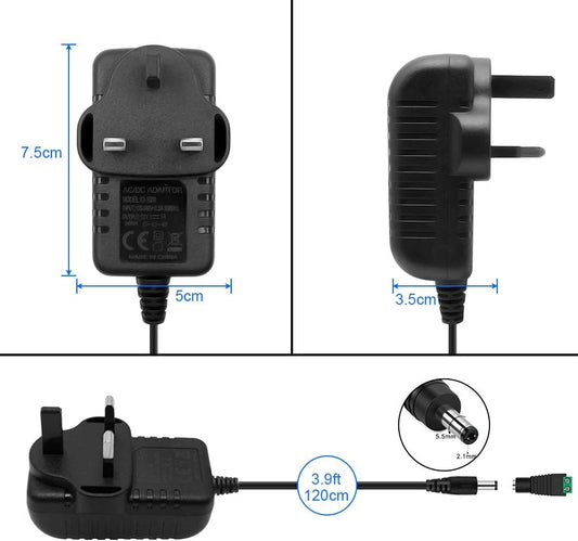 12V Plug-in Power Adapter 12W, AC 100–240V Input, Black Case - UK Plug AC Power Supply for LED Lighting, DIY Projects and Home Devices