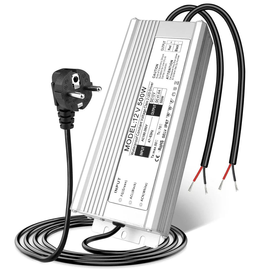 12V Outdoor Waterproof LED Power Supply 200W-500W, 175–265V Input, Single/Dual Wire Output, Aluminum Housing, Landscape & Outdoor Lighting, CE/RoHS/FCC Certified, Waterproof Transformer for Outdoor Lighting, UK/EU Plug