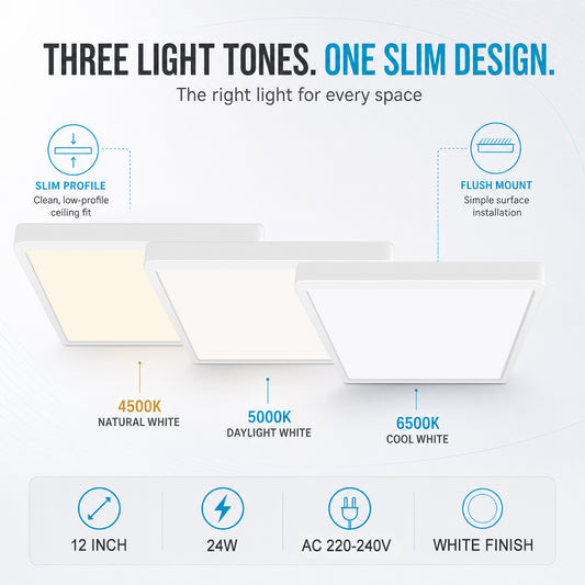 inShareplus 12 Zoll quadratische LED-Deckenleuchte, 3200 lm, 24 W, 5000 K Tageslicht, superhelle Deckenleuchten, weiße LED-Lampe zur Unterputzmontage, Einbauleuchten für Küche, Bad, Schlafzimmer, Flur, Büro, Garage