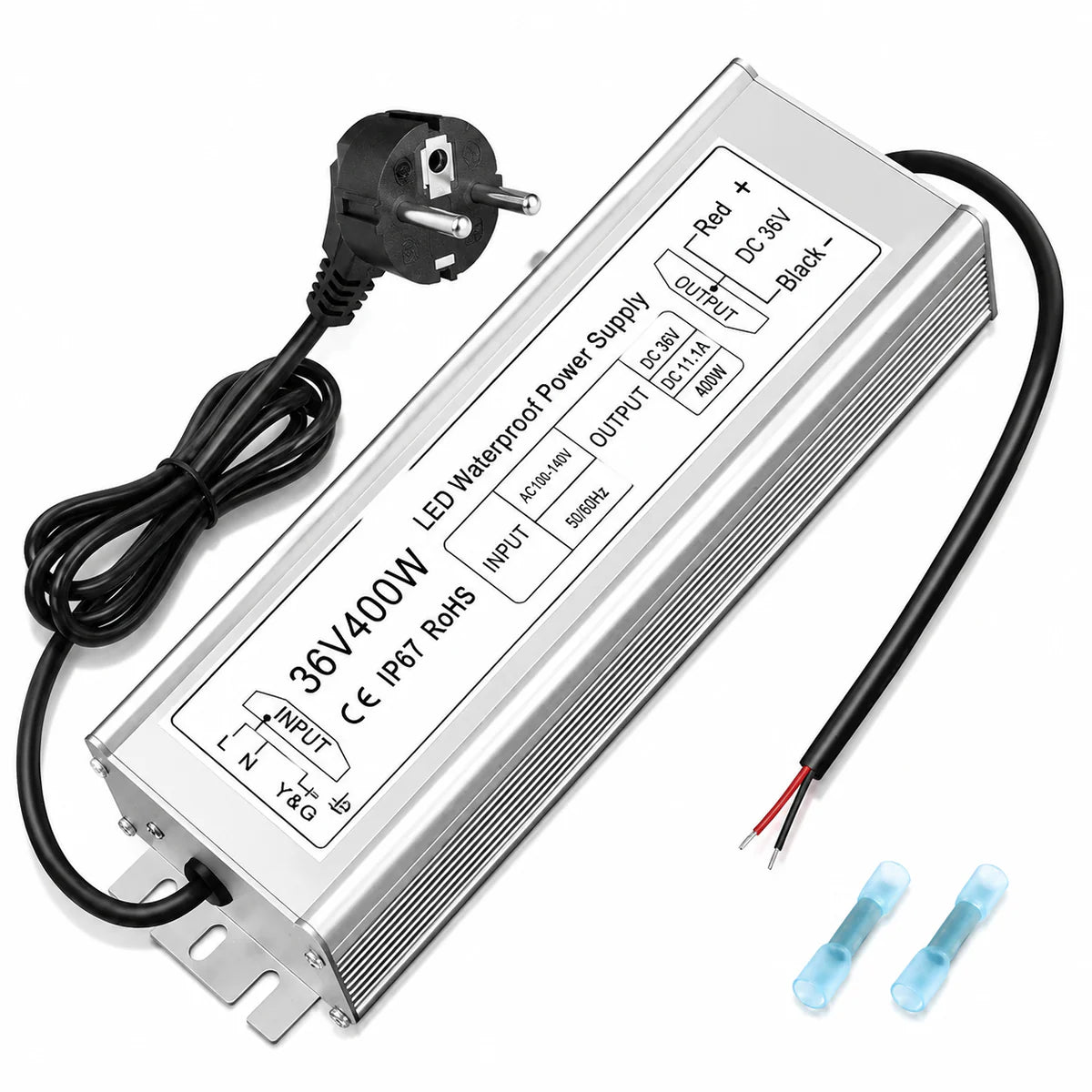 36V Outdoor Waterproof LED Power Supply 100W–400W, 175–265V Input, Single Wire Output, Aluminum Housing, Landscape & Outdoor Lighting, CE/RoHS/FCC Certified, Waterproof Transformer for Outdoor Lighting, UK/EU Plug