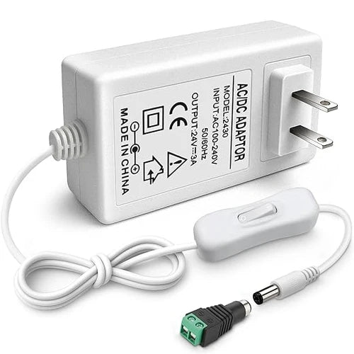 DC 24V Plug-in Power Adapter with On/Off Switch, 72W, US Plug, Black/White Housing, 100–240V AC Input - Power Supply for High Power LED Lighting Applications