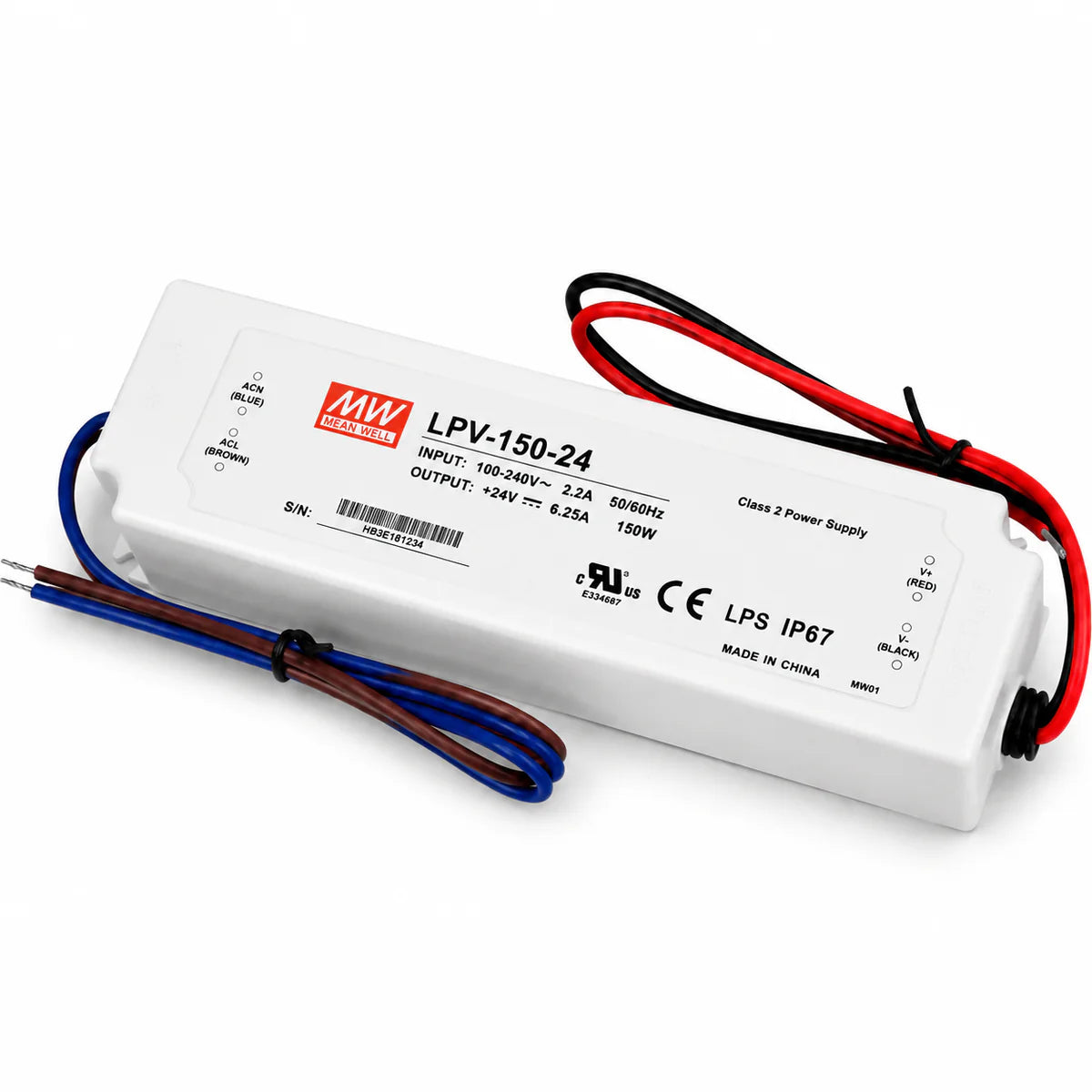 MEANWELL LPV Series 12V/24V Outdoor IP67 Waterproof Switching Power Supply, Plastic Housing, 35W–150W, AC90-264V Input, UL/CE Certified, Landscape Lighting
