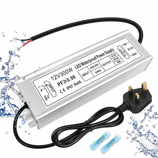 12V Outdoor Waterproof LED Power Supply 300W, 90–265V Input, Single/Dual/Triple Wire Output, Aluminum Housing, Landscape & Outdoor Lighting, CE/RoHS/FCC Certified, Waterproof Transformer for Outdoor Lighting, US /UK/EU Plug