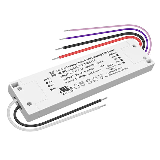 60W 12V DC Plastic Case 5-in-1 Dimmable LED Power Supply, UL Listed, AC 120-277V Input, LED Power Supply for LED Strip Lights / Home Lighting / DIY Lighting Projects