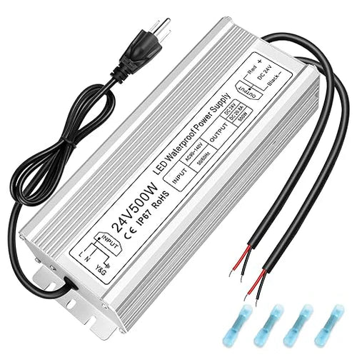 24V Outdoor Waterproof LED Power Supply 200W–500W, 90–140V Input, Single/Dual Wire Output, Aluminum Housing, Landscape & Outdoor Lighting, CE/RoHS/FCC Certified, Waterproof Transformer for Outdoor Lighting, US Plug