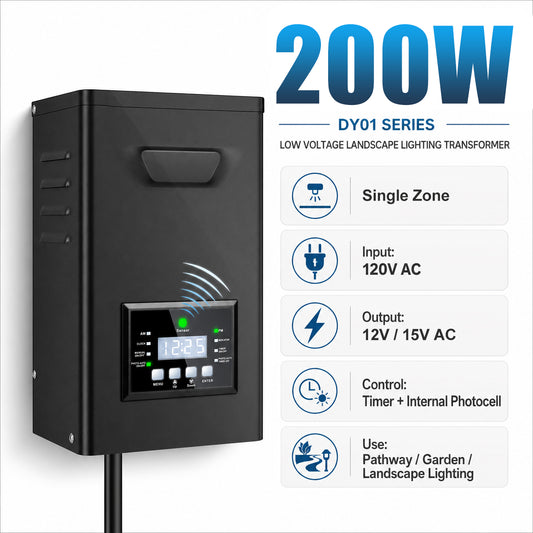 200W Low Voltage Lighting Transformer – 120V to 12V/15V AC, Timer & Internal Photocell, Low Voltage Power Supply for Outdoor LED Lighting