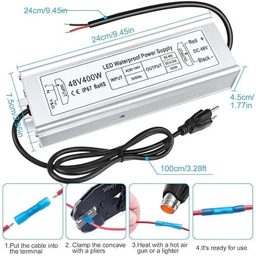 48V Outdoor Waterproof LED Power Supply 100W–400W, 90–140V Input, Single Wire Output, Aluminum Housing, Landscape & Outdoor Lighting, CE/RoHS/FCC Certified, Waterproof Transformer for Outdoor Lighting, US Plug