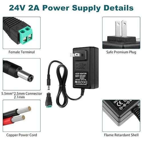 DC 24V Plug-in Power Adapter 48W, AC 100–240V to 24V - US Plug AC Power Supply for High Power LED Lighting and DIY Projects, Black Case