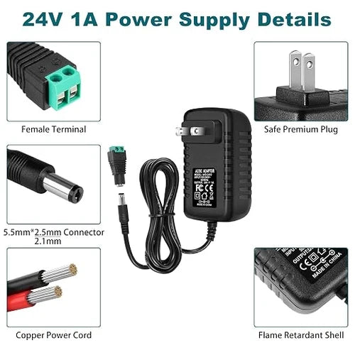 24V Plug-in Power Adapter 24W, AC 100–240V Input, Black Case - US Plug AC Power Supply for LED Lighting and DIY Projects