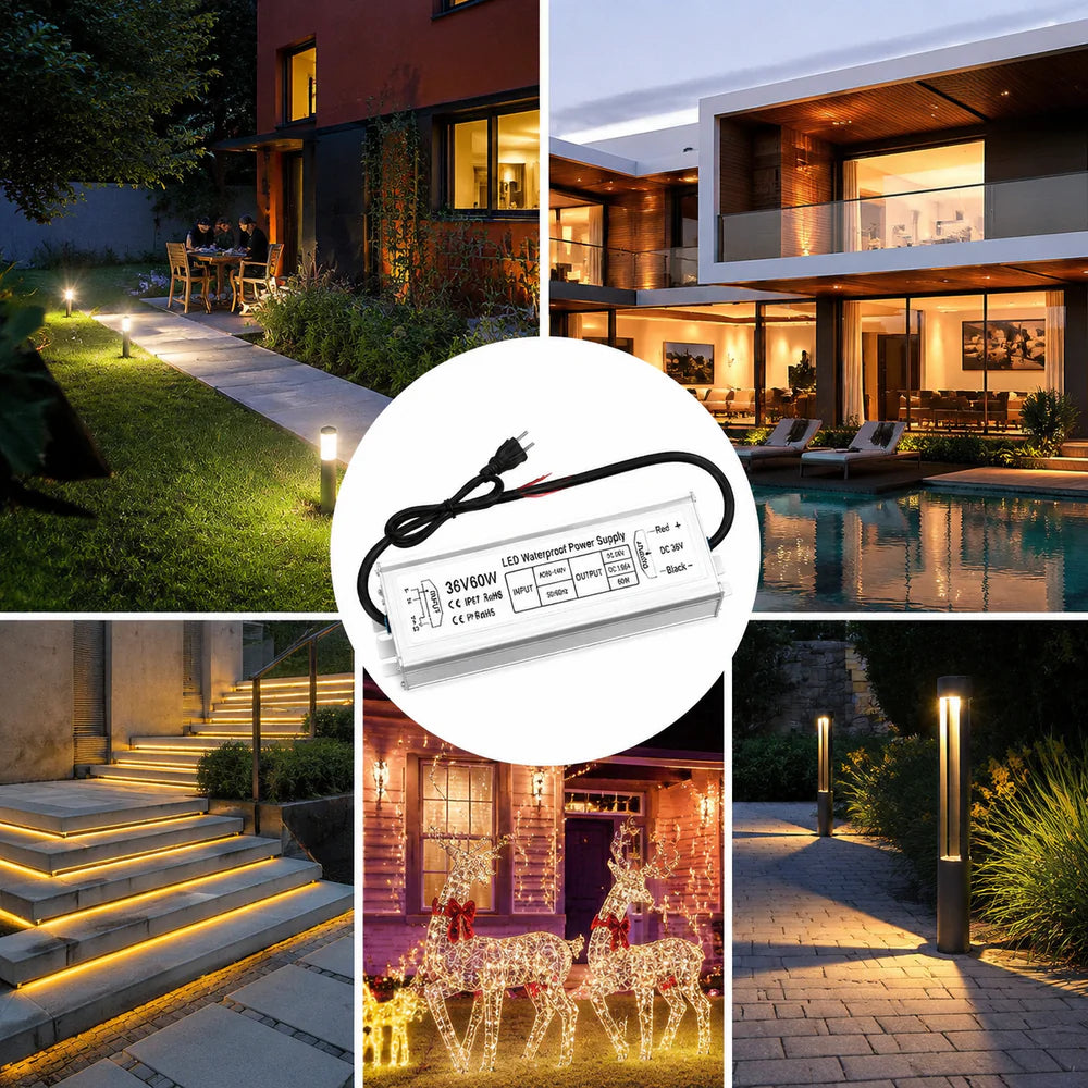 36V Outdoor Waterproof LED Power Supply 60W–80W, 90–265V Input, Single Wire Output, Aluminum Housing, Landscape & Outdoor Lighting, CE/RoHS/FCC Certified, Waterproof Transformer for Outdoor Lighting, US/UK/EU Plug