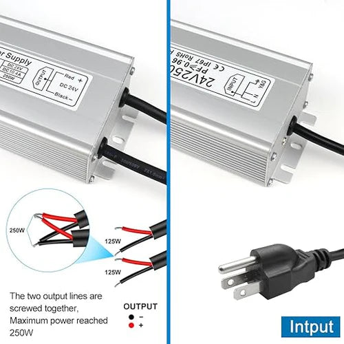 24V Outdoor Waterproof LED Power Supply 120W–300W, 90–265V Input, Single/Dual Wire Output, Aluminum Housing, Landscape & Outdoor Lighting, CE/RoHS/FCC Certified, Waterproof Transformer for Outdoor Lighting, US/UK/EU Plug