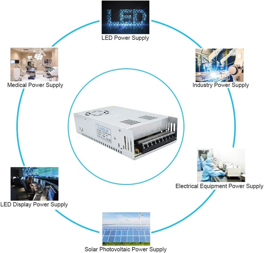 DC 24V LED Switching Power Supplies 350W–600W, AC 110/220V Input, High Power LED Driver Transformer, Cooling Fan Metal Case, CE/FCC/RoHS Certified
