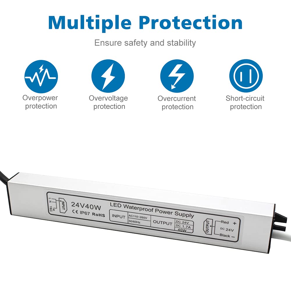 inShareplus LED Power Supply, 24V 40W IP67 Waterproof Outdoor Driver, AC 110-260V to DC 24V 1.7A Low Voltage Transformer, Adapter with 3-Prong Plug for LED Light, Computer Project, Outdoor Use
