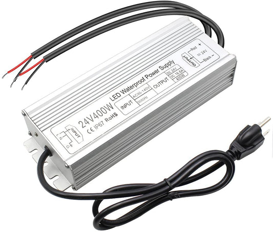 inShareplus 24 V 400 W LED-Netzteil, IP67 regenfester, wasserdichter Außentreiber, AC 90–140 V auf DC 24 V Niederspannungstransformator, Adapterkonverter für LED-Licht, Computerprojekt, Außenbereich