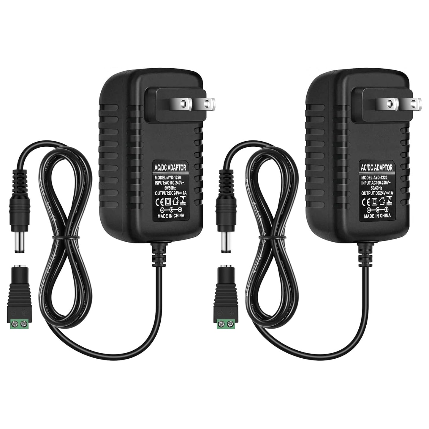 inShareplus 2 Pack DC 24V Power Supply, 100-240V AC to DC 24 Volt 1A 24W LED Driver, Low Voltage Transformer with 5.5mm x 2.1mm DC Plug, Wall Adapter for 24V LED Strip Light, CCTV Camera