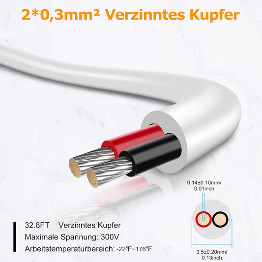 inShareplus 2 x 0.3 mm² 10 m 22AWG Electric Cable 2-Core Cable, 5V/12V/24V Underground Cable White Tinned Copper Cable, 300V Flexible and Soft Power Cable High Temperature Resistance Extension Cable 10 m