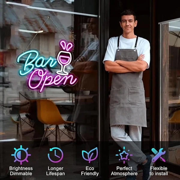 BAR OPEN Silicone LED Shop Sign – 16.5×14.3 Inch | 5V USB Powered Dimmable Commercial LED Sign | White + Pink + Blue Glow with Wine Glass Design | Window Hanging Business Sign for Bars, Restaurants, Cafes & Hospitality Spaces