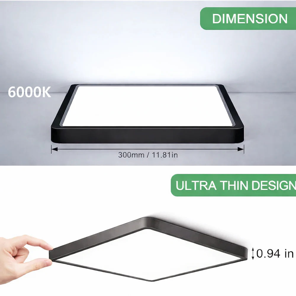 inShareplus 12 Zoll quadratische LED-Deckenleuchte, 3200 lm, 24 W, 5000 K Tageslicht, superhelle Deckenleuchten, weiße LED-Lampe zur Unterputzmontage, Einbauleuchten für Küche, Bad, Schlafzimmer, Flur, Büro, Garage