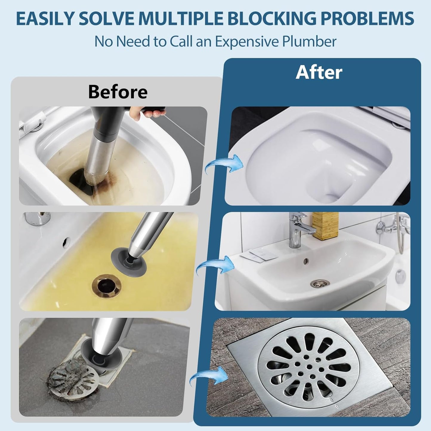 inShareplus Toilet Plunger, Black Toilet Unblocker Heavy Duty, High Pressure Plunger Kit with 4 Replaceable Heads and 1 Gloves Plunger Sink Unblocker for Unblocking Toilets, Sink, Bathtub, Floor