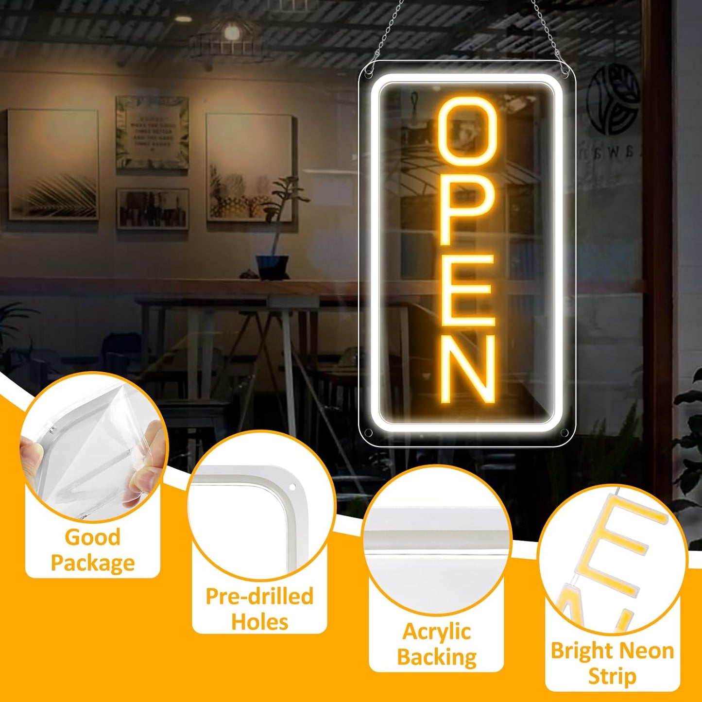 inShareplus 16 x 9 inch Adjustable Brightness Open Sign for Shops, Ultra Bright LED Sign Open USB Powered with On/Off, Electric Neon Sign for Shops, Restaurants, Retail Stores (Vertical)