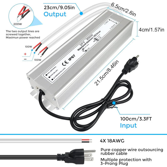 24V Outdoor Waterproof LED Power Supply 200W–500W, 90–140V Input, Single/Dual Wire Output, Aluminum Housing, Landscape & Outdoor Lighting, CE/RoHS/FCC Certified, Waterproof Transformer for Outdoor Lighting, US Plug