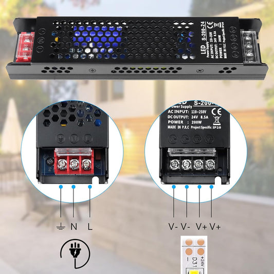 inShareplus DC 24 V 8,5 A 200 W Schaltnetzteil, AC 110 ~ 250 V auf 24 Volt Universal-DC-Transformatortreiber, LED-Netzteil, Konverteradapter für LED-Lichtstreifen, Kamera