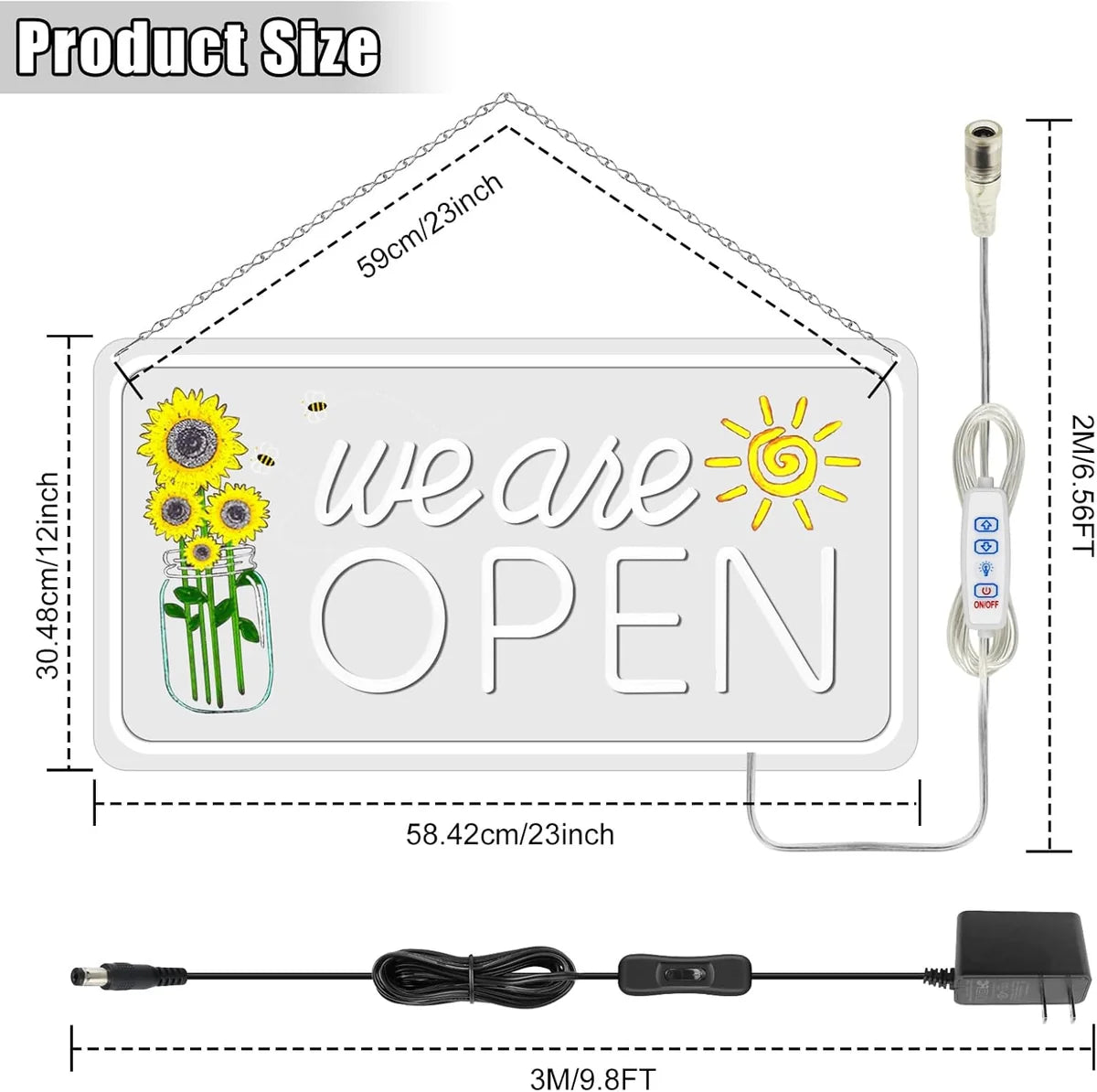 We Are Open Silicone LED Store Signs with Sunflower Decor | Warm White / Neutral White | 16.5 × 9 / 23×12 inch | 12V Plug & Play Storefront Neon Decor for Store Entrances & Business Locations
