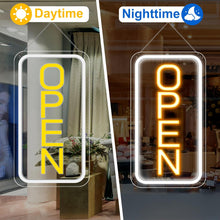 Load image into Gallery viewer, inShareplus 16"x 9" Super Bright Open Sign,12V LED Neon Open Signs for Business for Window, with ON/OFF Switch, Electric Light up Signs for Stores, Restaurants Retail Shops (Yellow-White-Vertical)