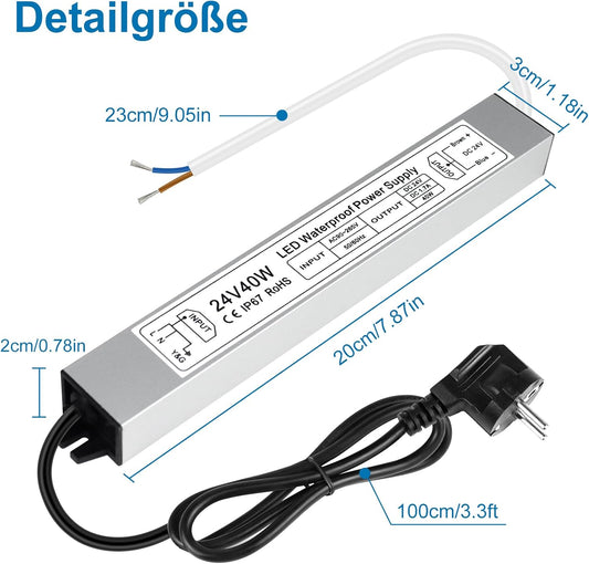 inShareplus LED Transformer 24 V 1.7 A 40 W IP67 Waterproof Outdoor Driver, AC 90-265 V to DC 24 Volt Low Voltage Transformer, 24 V Power Supply for LED Light, Computer Project, Outdoor Use