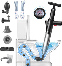 Load image into Gallery viewer, inShareplus Toilet Plunger, Black Toilet Unblocker Heavy Duty, High Pressure Plunger Kit with 4 Replaceable Heads and 1 Gloves Plunger Sink Unblocker for Unblocking Toilets, Sink, Bathtub, Floor
