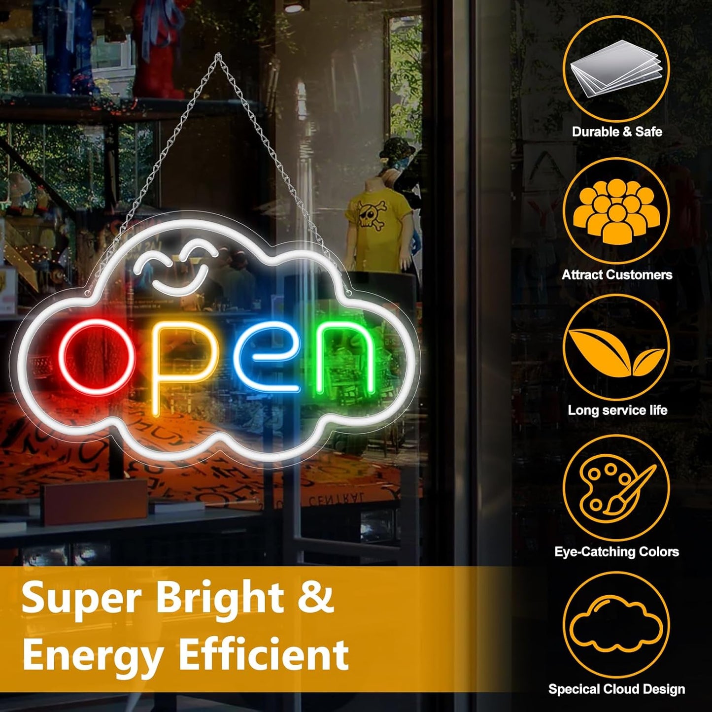 16.5"x 10.2" LED Neon Open Sign for Business, Ultra Bright Lighted Sign Open with ON/OFF Switch, Cloud Electric Light up Sign for Stores, Restaurants Offices Retail Shops Window Storefronts
