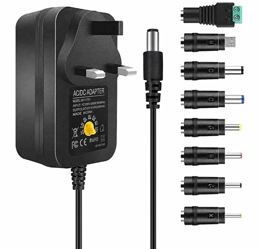 3V-12V 30W Plug-in Power Adapter - AC 100-240V Input, Black Housing with UK Plug for LED Lighting, Home Devices and DIY Applications