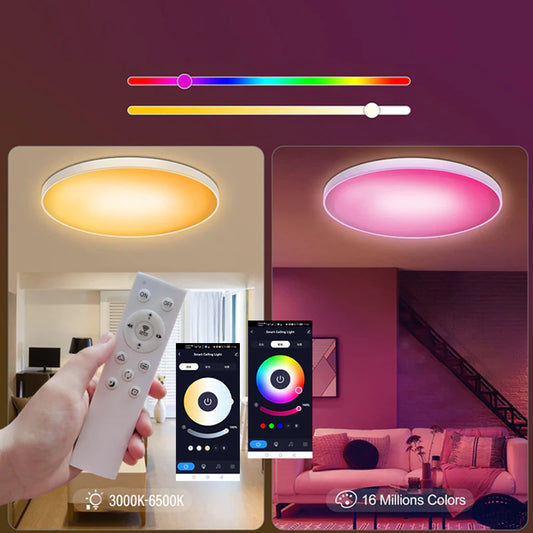 AC 110–130V | 12 Inch 24W Smart RGBCW Round Slim Flush Mount LED Ceiling Light, White/Black, 2700K–6500K Adjustable, WiFi Dimmable with Alexa/Google Home Control – 2-Pack