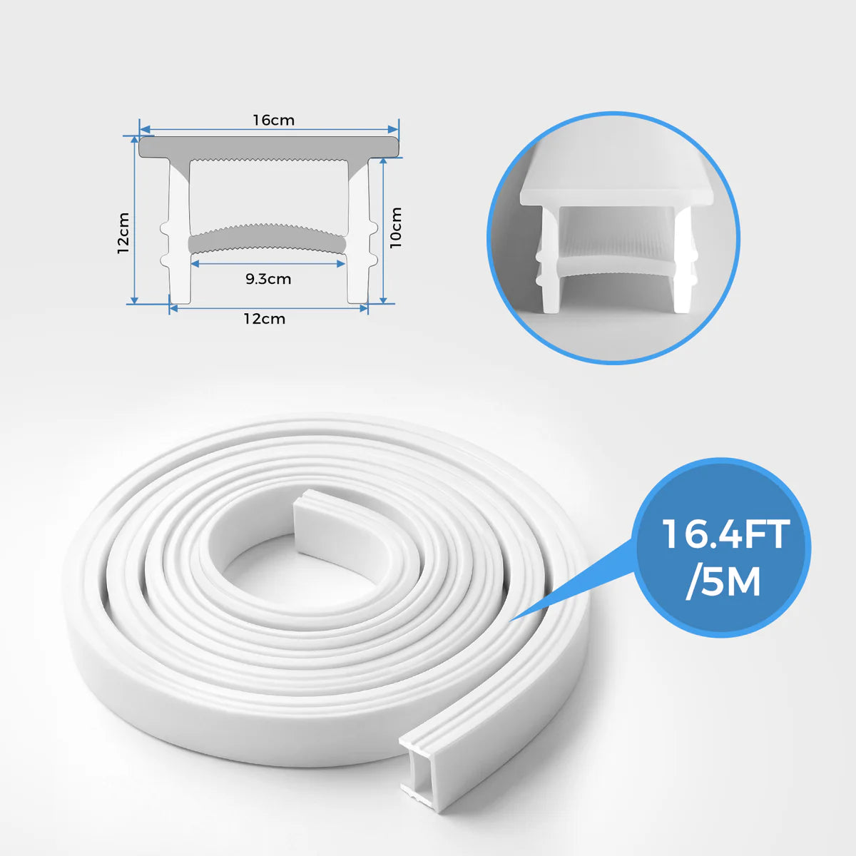 Q-TE Series 12×12mm Top Emitting LED Neon Tube Housing | S1212 Quick Install LED Neon Tube Profile | White Edge | Max Strip Width ≤8mm | 16.4FT/5M | Ceiling Cove Lighting