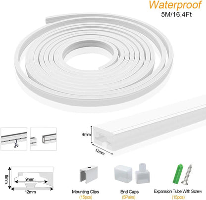 I-SE Series 6×12mm Side Emitting LED Neon Tube Housing | S0612 Waterproof Neon Housing | IP67 Waterproof | 8mm PCB Width | 16.4FT/5M | Interior Shelf Cove Lighting | Local Stock US/UK/DE