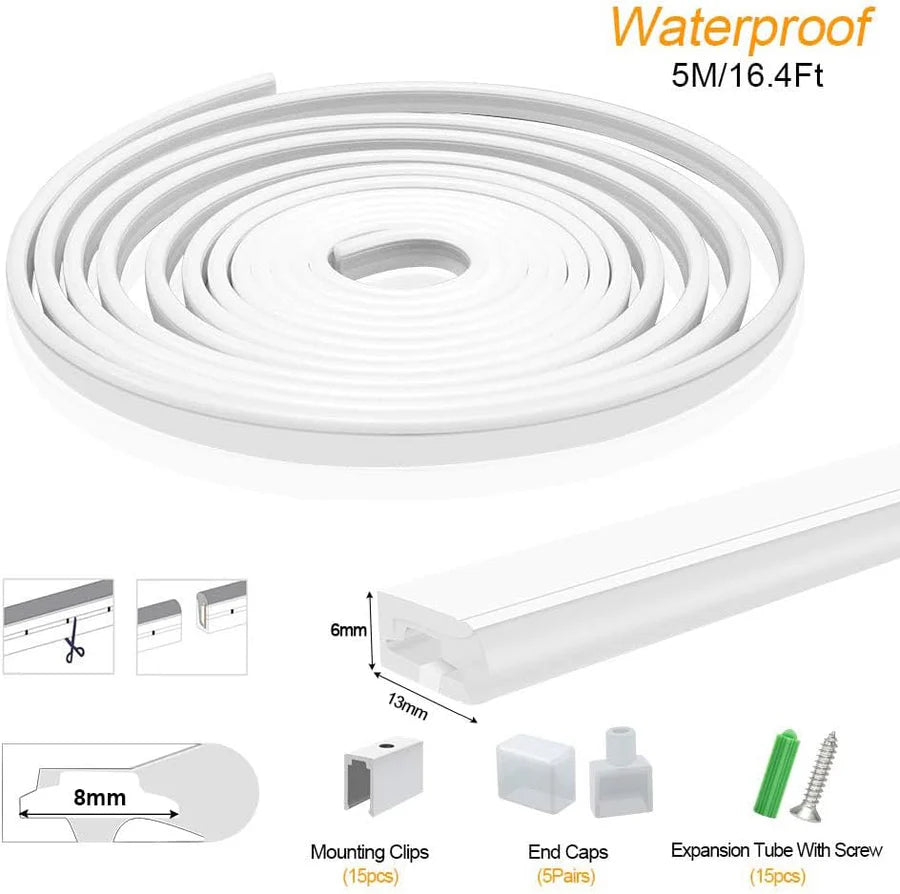I-SE Series 6×13mm Side Emitting LED Neon Tube Housing | S0613 Silicone Neon Tube | IP67 Waterproof | 8mm PCB Width | 16.4FT/5M | Cabinet Stair Lighting | Local Stock US/UK/DE