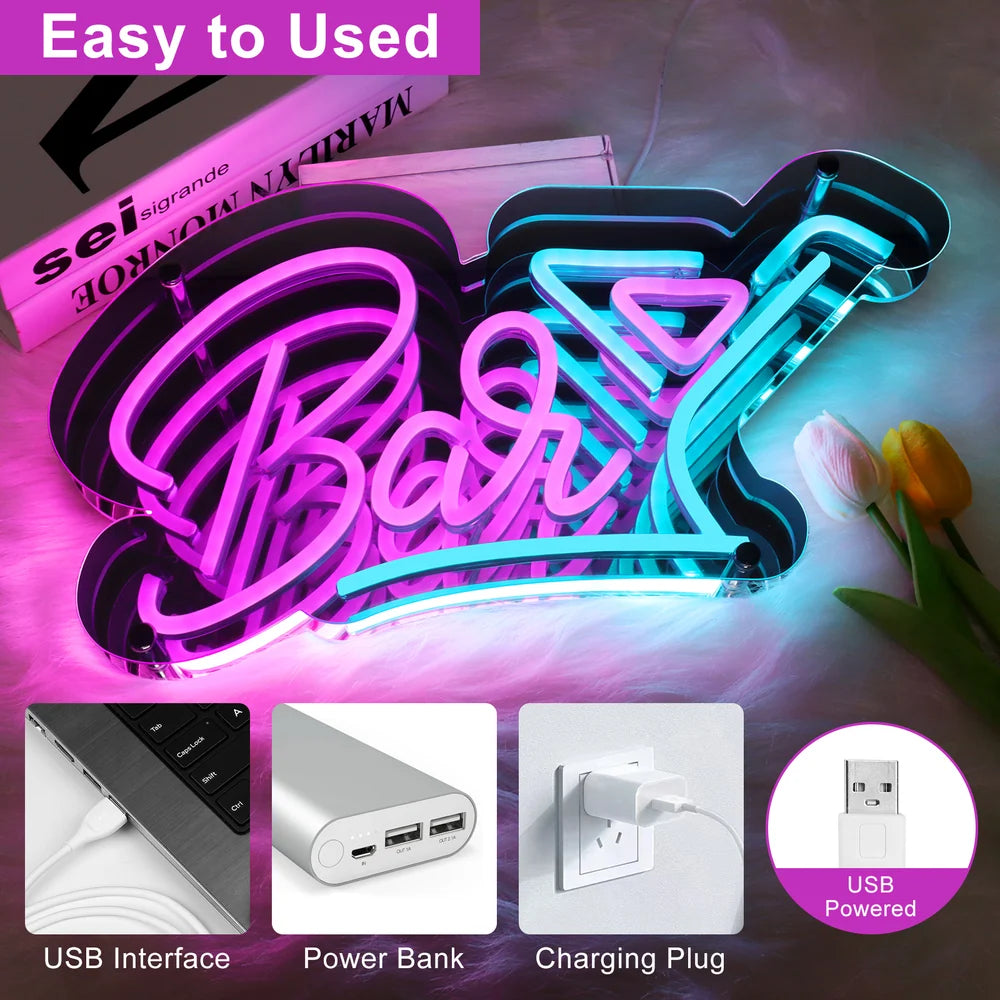 16.5×9 Inch / 15 × 9.3 Inch Neon Wall Decor – USB Powered Hanging Neon Sign | Cold Beer & Bar Design Options with Purple White / Pink Ice Blue Glow | Bar, Pub, Lounge & Hospitality Decor