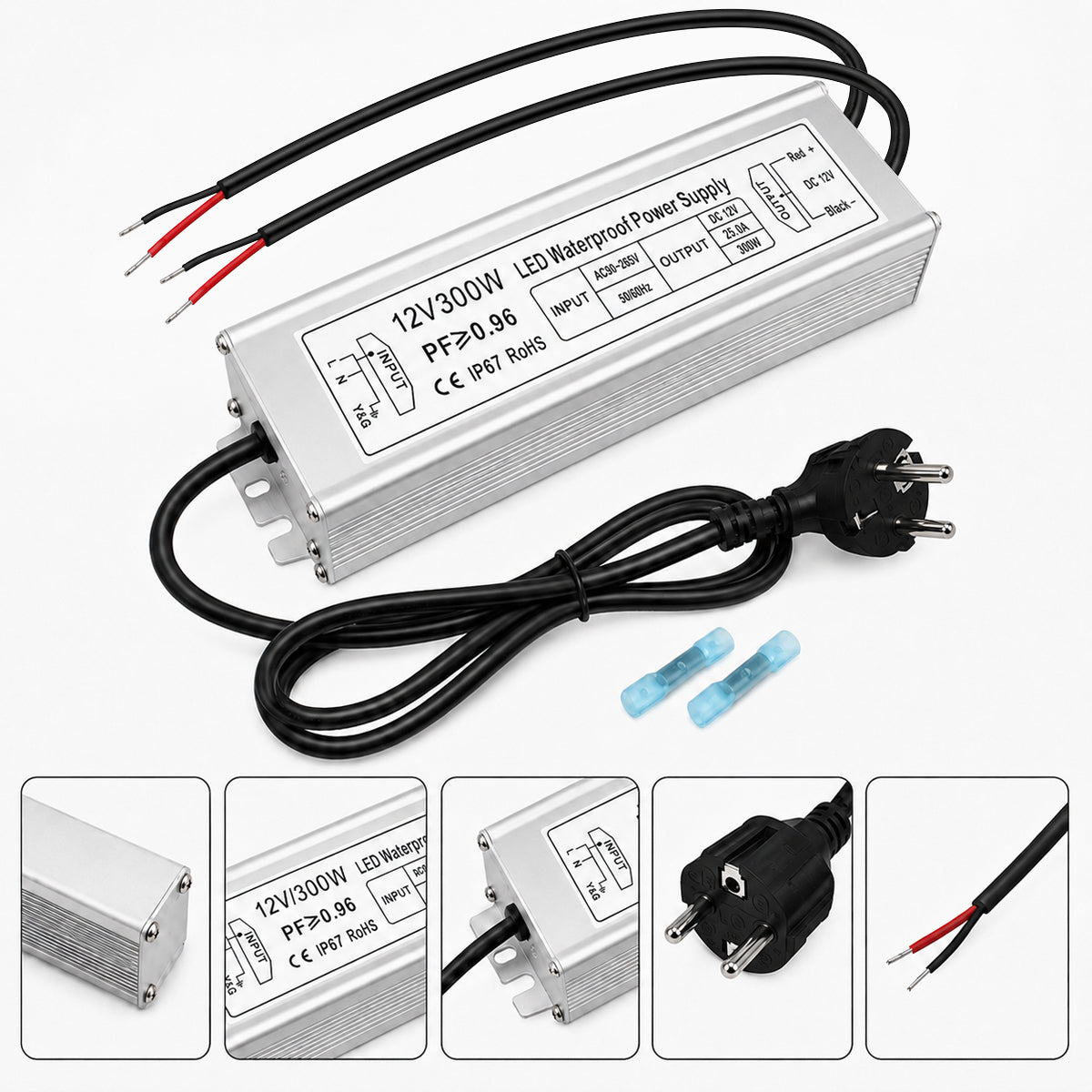 12V Outdoor Waterproof LED Power Supply 300W, 90–265V Input, Single/Dual/Triple Wire Output, Aluminum Housing, Landscape & Outdoor Lighting, CE/RoHS/FCC Certified, Waterproof Transformer for Outdoor Lighting, US /UK/EU Plug