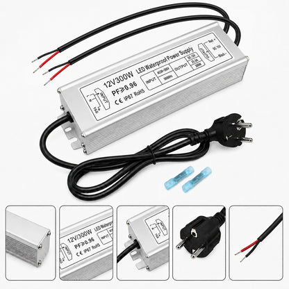 12V Outdoor Waterproof LED Power Supply 300W, 90–265V Input, Single/Dual/Triple Wire Output, Aluminum Housing, Landscape & Outdoor Lighting, CE/RoHS/FCC Certified, Waterproof Transformer for Outdoor Lighting, US /UK/EU Plug