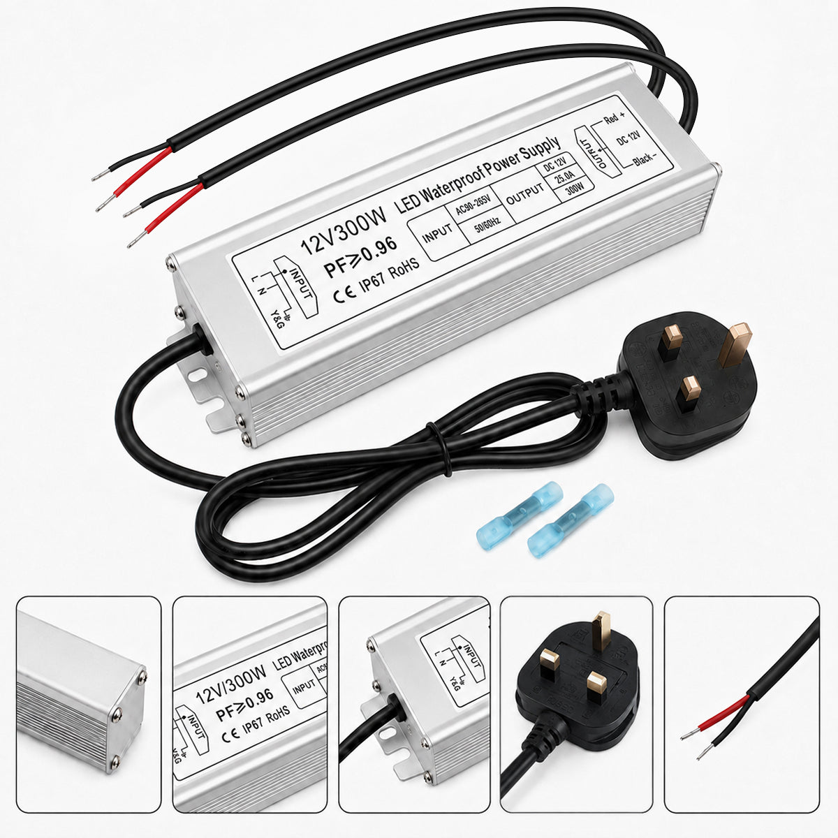 12V Outdoor Waterproof LED Power Supply 300W, 90–265V Input, Single/Dual/Triple Wire Output, Aluminum Housing, Landscape & Outdoor Lighting, CE/RoHS/FCC Certified, Waterproof Transformer for Outdoor Lighting, US /UK/EU Plug