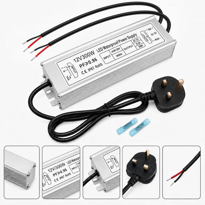 12V Outdoor Waterproof LED Power Supply 300W, 90–265V Input, Single/Dual/Triple Wire Output, Aluminum Housing, Landscape & Outdoor Lighting, CE/RoHS/FCC Certified, Waterproof Transformer for Outdoor Lighting, US /UK/EU Plug