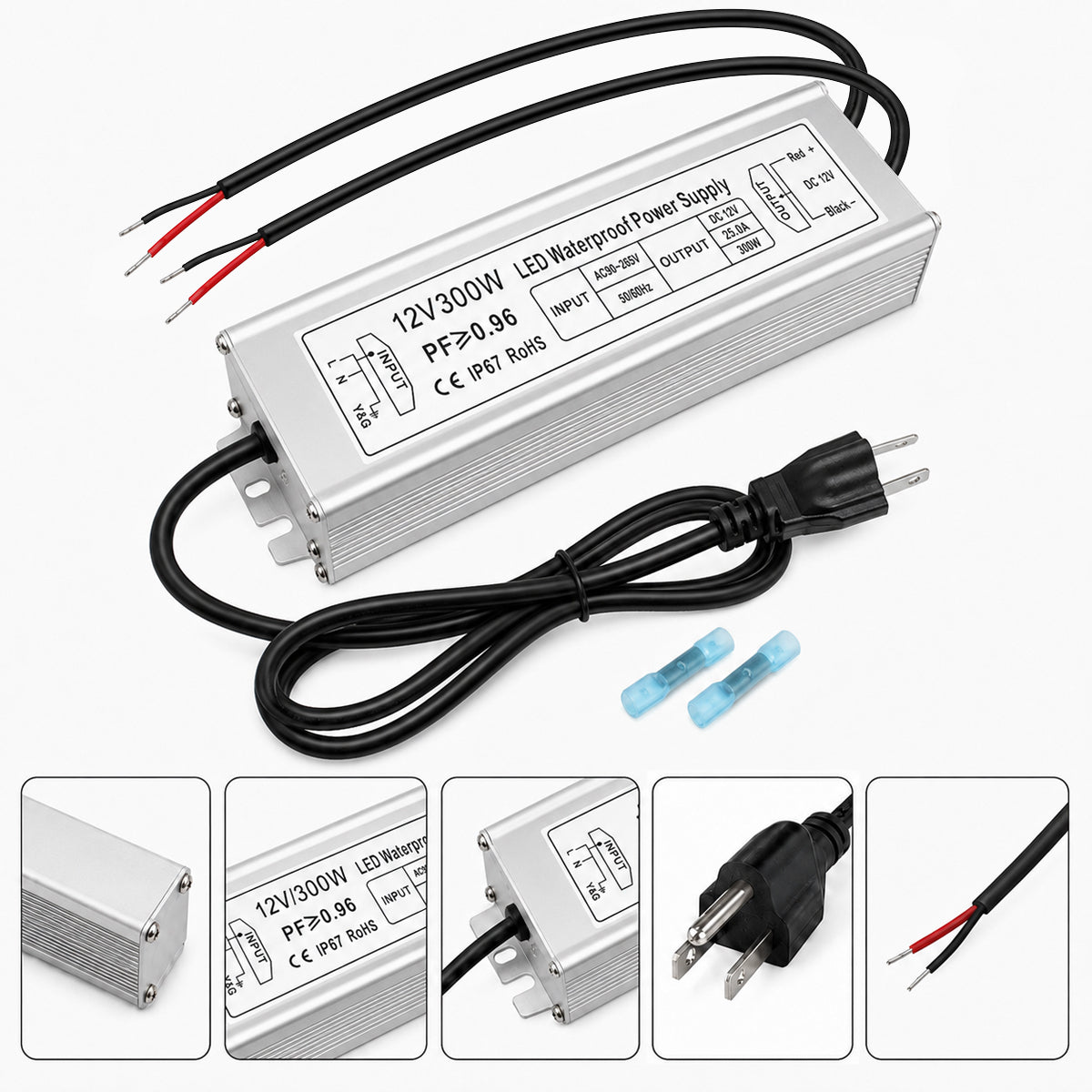 12V Outdoor Waterproof LED Power Supply 300W, 90–265V Input, Single/Dual/Triple Wire Output, Aluminum Housing, Landscape & Outdoor Lighting, CE/RoHS/FCC Certified, Waterproof Transformer for Outdoor Lighting, US /UK/EU Plug