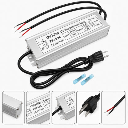 12V Outdoor Waterproof LED Power Supply 300W, 90–265V Input, Single/Dual/Triple Wire Output, Aluminum Housing, Landscape & Outdoor Lighting, CE/RoHS/FCC Certified, Waterproof Transformer for Outdoor Lighting, US /UK/EU Plug