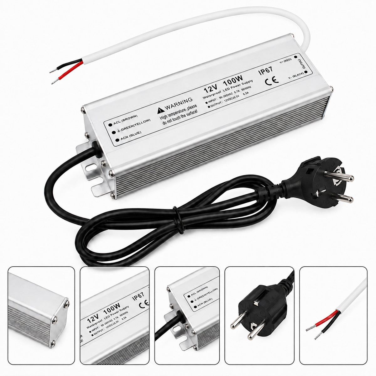 12V Outdoor Waterproof LED Power Supply 30W–100W, 90–265V Input, Single Wire Output, Aluminum Housing, Landscape & Outdoor Lighting, CE/RoHS/FCC Certified, Waterproof Transformer for Outdoor Lighting, US/UK/EU Plug
