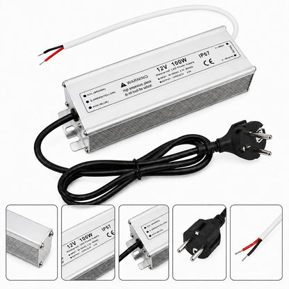 12V Outdoor Waterproof LED Power Supply 30W–100W, 90–265V Input, Single Wire Output, Aluminum Housing, Landscape & Outdoor Lighting, CE/RoHS/FCC Certified, Waterproof Transformer for Outdoor Lighting, US/UK/EU Plug