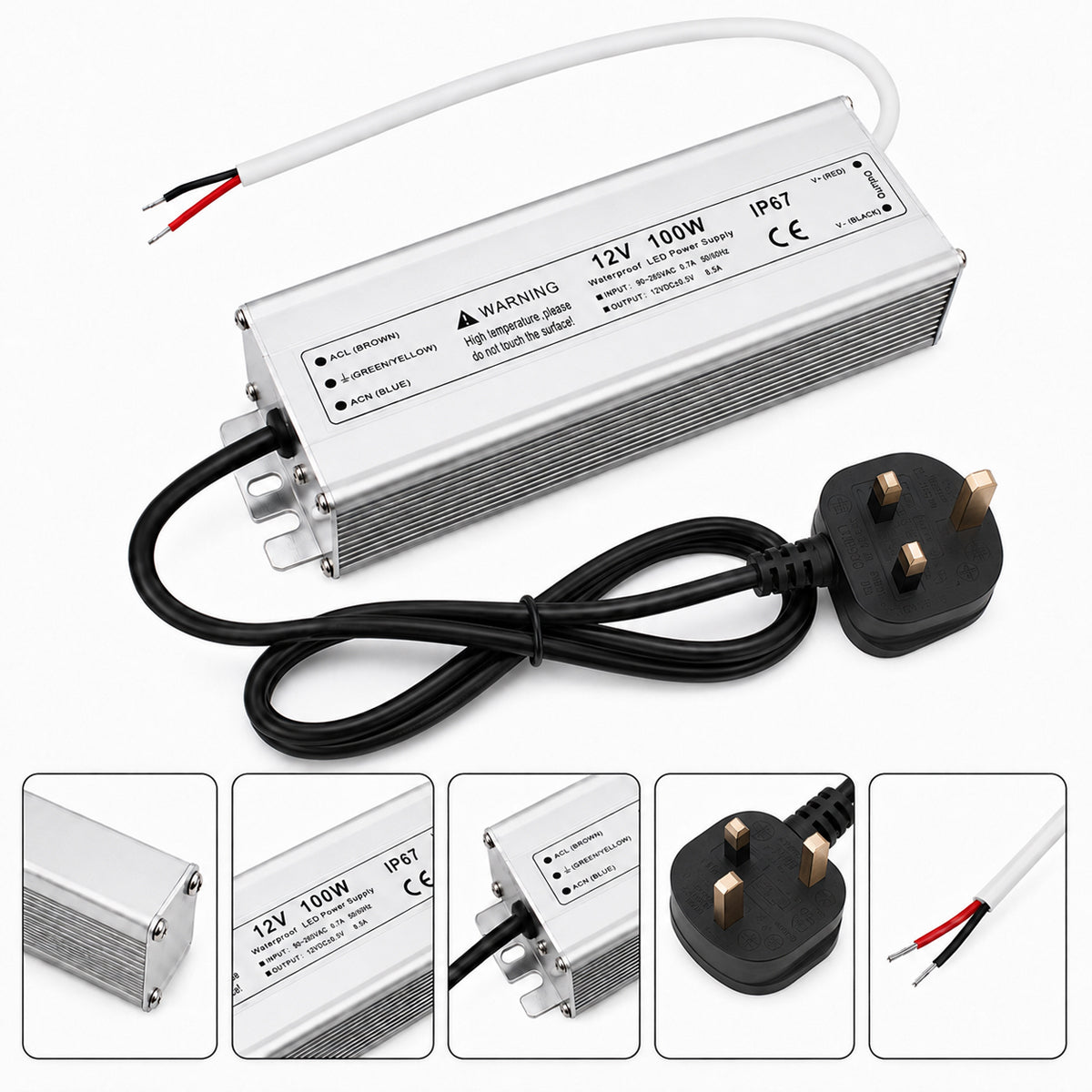 12V Outdoor Waterproof LED Power Supply 30W–100W, 90–265V Input, Single Wire Output, Aluminum Housing, Landscape & Outdoor Lighting, CE/RoHS/FCC Certified, Waterproof Transformer for Outdoor Lighting, US/UK/EU Plug